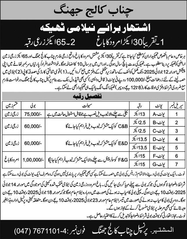 Chanab College Jhang Tender Notice